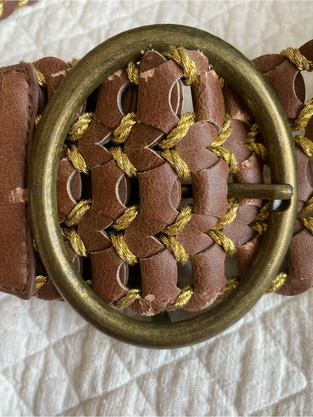 Festival Boho Hippie Wide Woven Braided Brown Faux Leather Gold Belt Small 32”